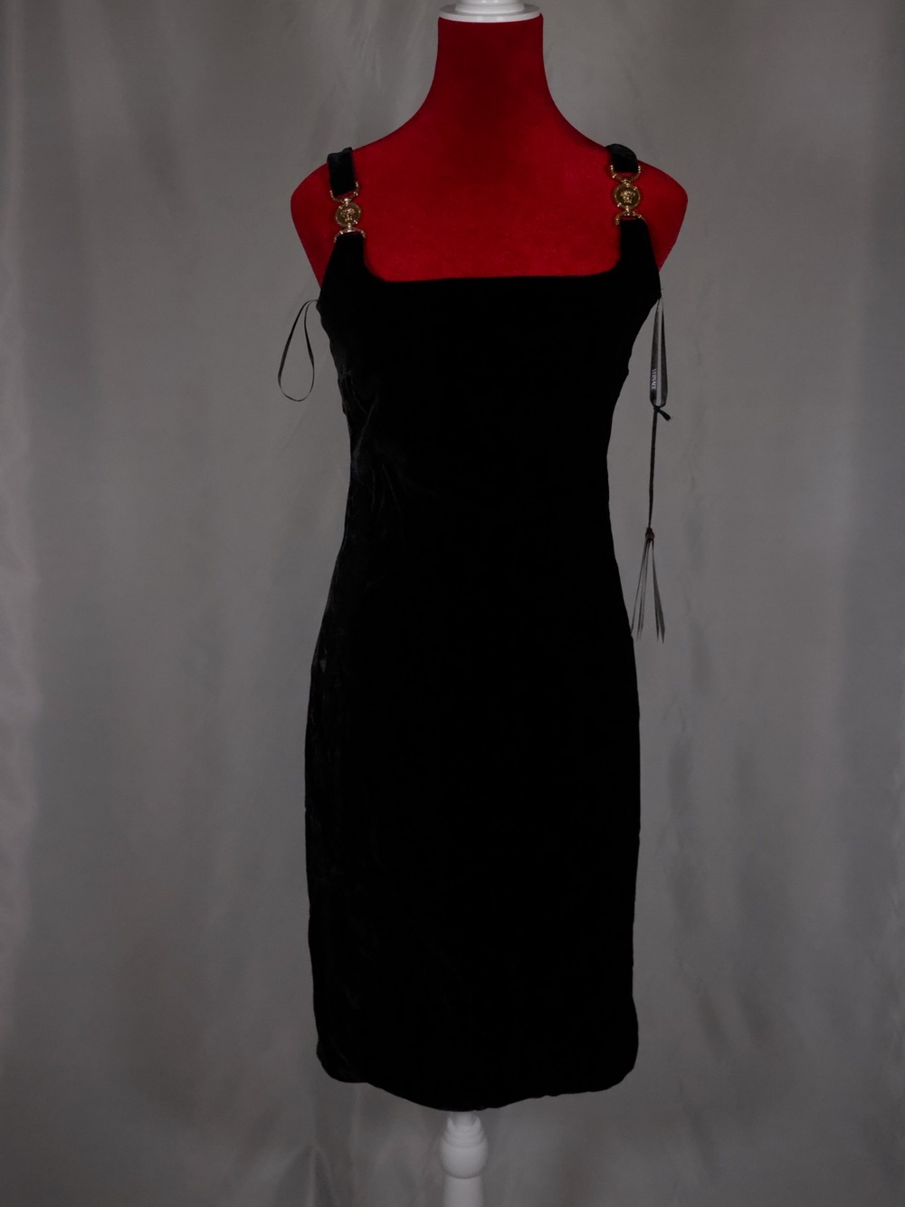 Versace Black Velvet Mini Dress with Gold Medallion Straps